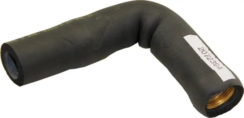 Isoliertes Wellrohr mit gebogenem Ende, geeignet für Heizsysteme. Produkt von Wolf, dargestellt in schwarzem Material.